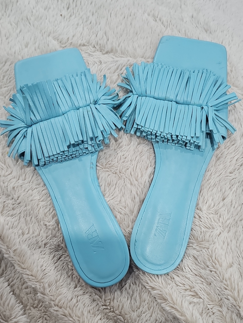 Zara Baby Blue Fringe Slide Sandals